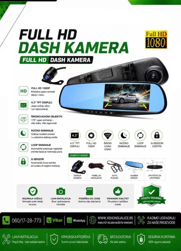 FUL HD DVR KAMERA ZA SNIMANJE SAOBRACAJA RETROVIZOR 4,3 INCA SA PARKING KAMEROM