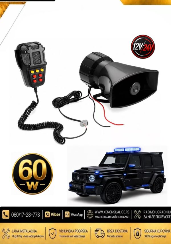 POLICIJSKA SIRENA MEGAFON RAZGLAS + 4 TONA 60W