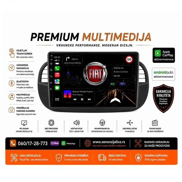 FIAT 500 MULTIMEDIJA ANDROID,CAR PLAY NAVIGACIJA TOUCH SCREEN 10 INCA