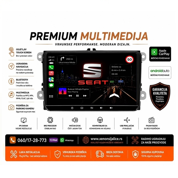 SEAT MULTIMEDIJA ANDROID,CAR PLAY NAVIGACIJA TOUCH SCREEN 9 INCA