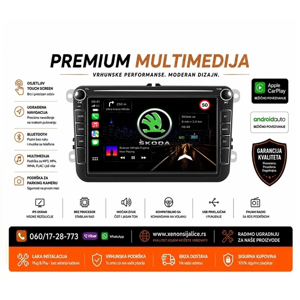 SKODA MULTIMEDIJA ANDROID,CAR PLAY NAVIGACIJA TOUCH SCREEN 8 INCA