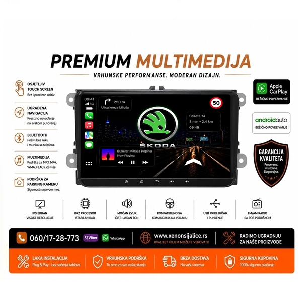 SKODA MULTIMEDIJA ANDROID,CAR PLAY NAVIGACIJA TOUCH SCREEN 9 INCA