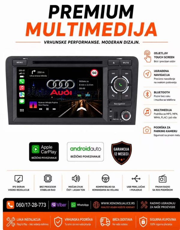 AUDI A3 ANDROID,CAR PLAY MULTIMEDIJA NAVIGACIJA TOUCH SCREEN 7 INCA