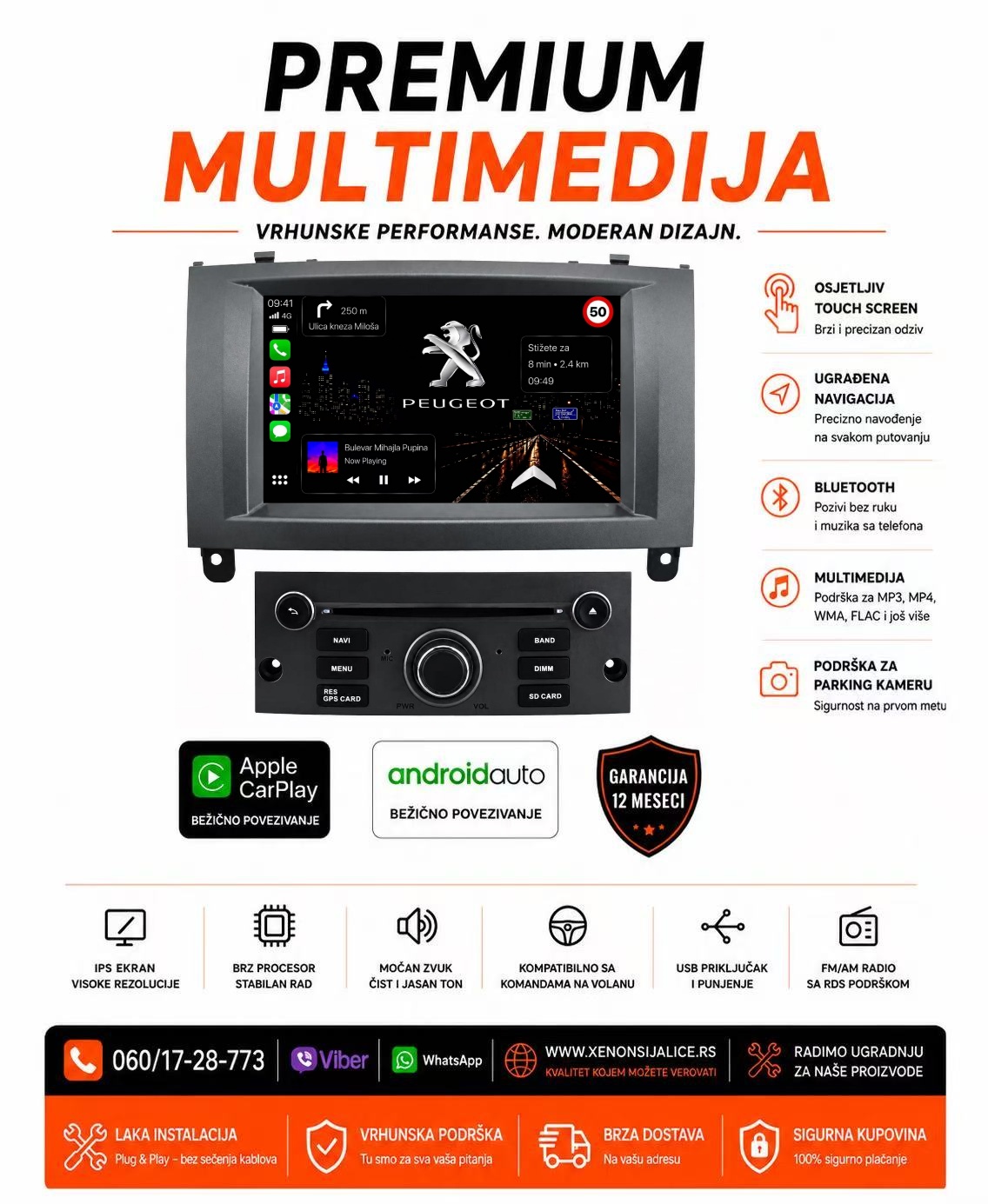 PEUGEOT 407 MULTIMEDIJA ANDROID,CAR PLAY NAVIGACIJA TOUCH SCREEN 7 INCA