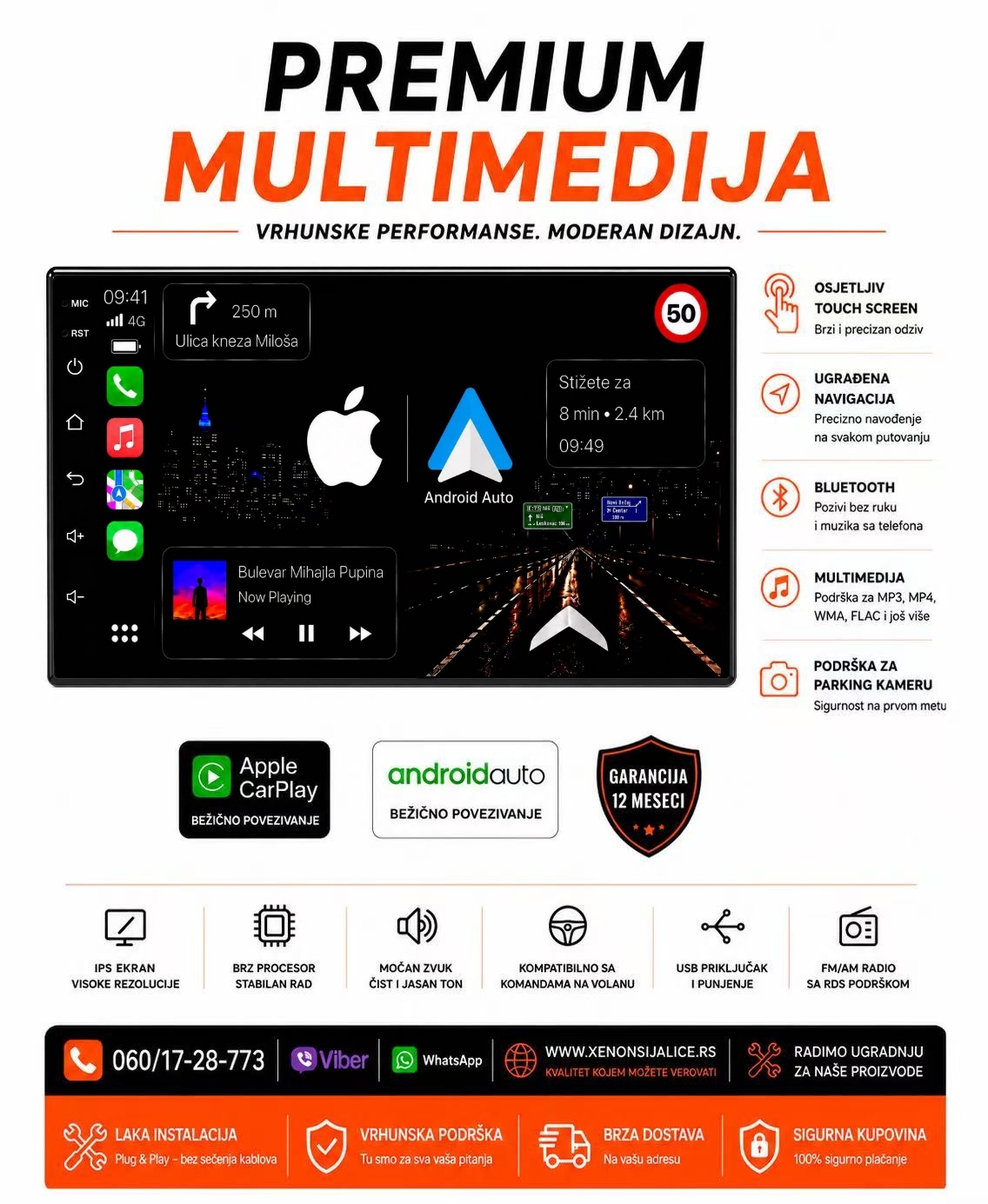 UNIVERZALNA 2 DIN MULTIMEDIJA ANDROID,CAR PLAY NAVIGACIJA TOUCH SCREEN 7 INCA