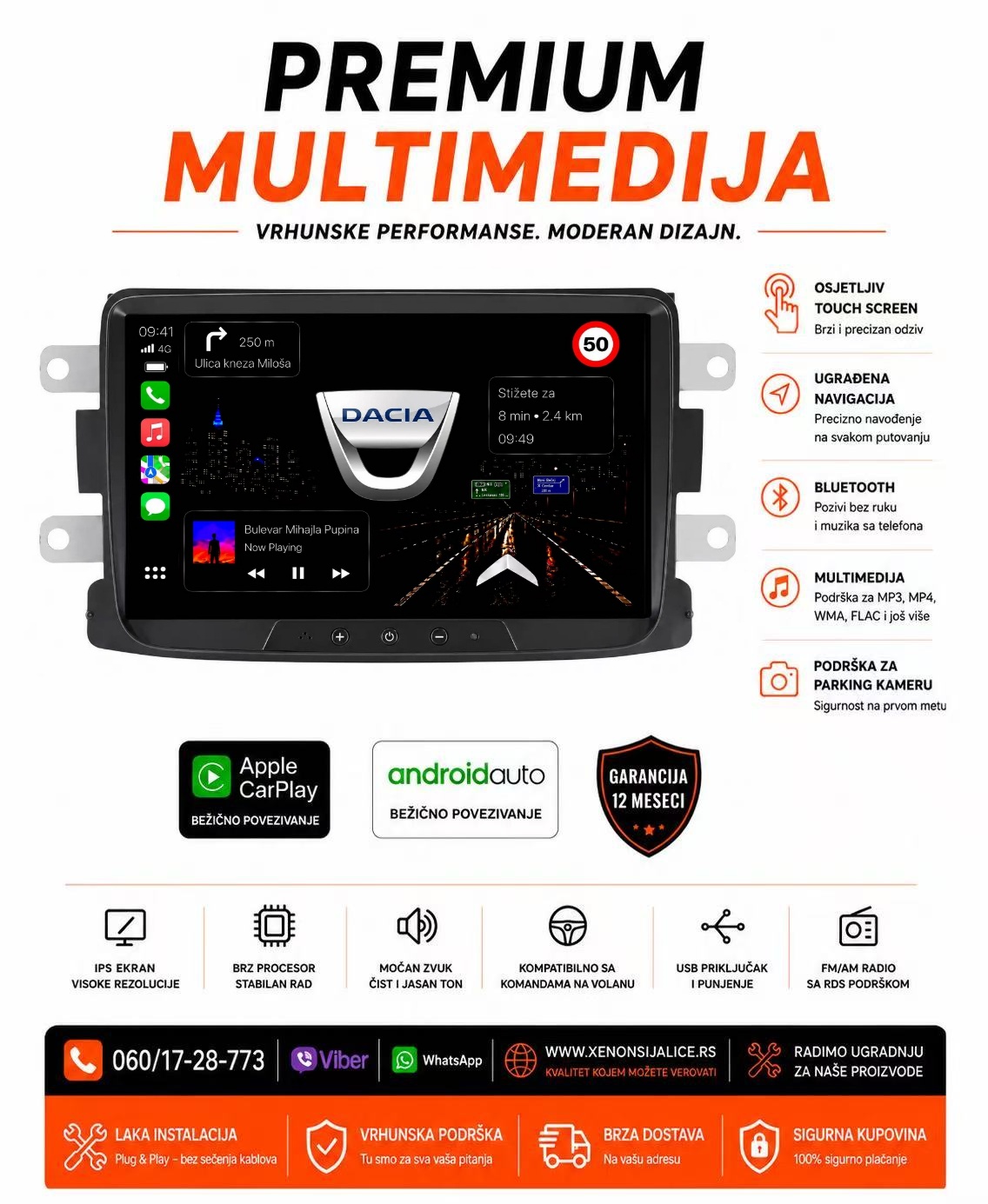 DACIA MULTIMEDIJA ANDROID,CAR PLAY NAVIGACIJA TOUCH SCREEN 8 INCA