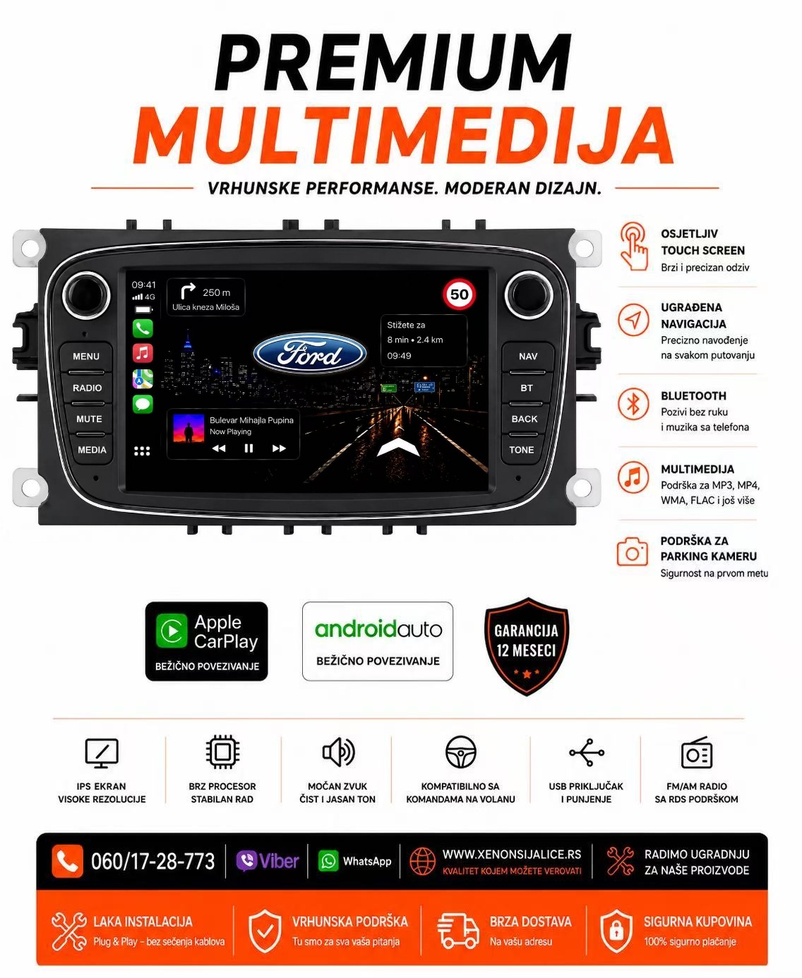 FORD MULTIMEDIJA ANDROID,CAR PLAY NAVIGACIJA TOUCH SCREEN 7 INCA