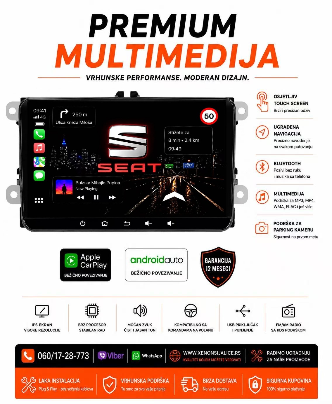 SEAT MULTIMEDIJA ANDROID,CAR PLAY NAVIGACIJA TOUCH SCREEN 9 INCA