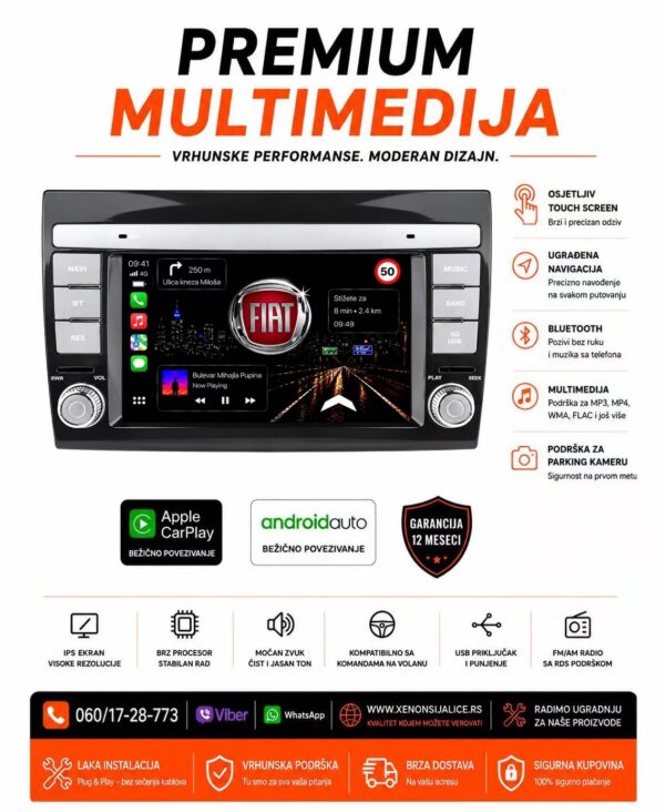 FIAT BRAVO MULTIMEDIJA ANDROID,CAR PLAY NAVIGACIJA TOUCH SCREEN 7 INCA
