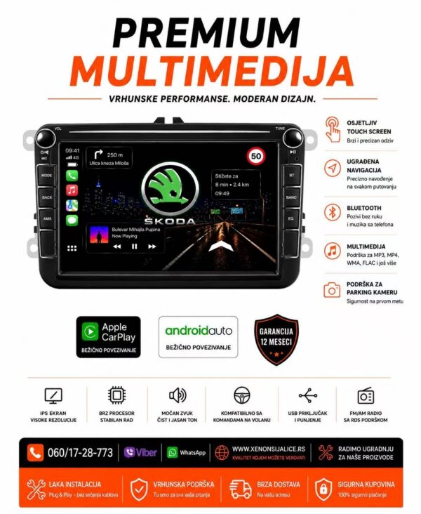 SKODA MULTIMEDIJA ANDROID,CAR PLAY NAVIGACIJA TOUCH SCREEN 8 INCA