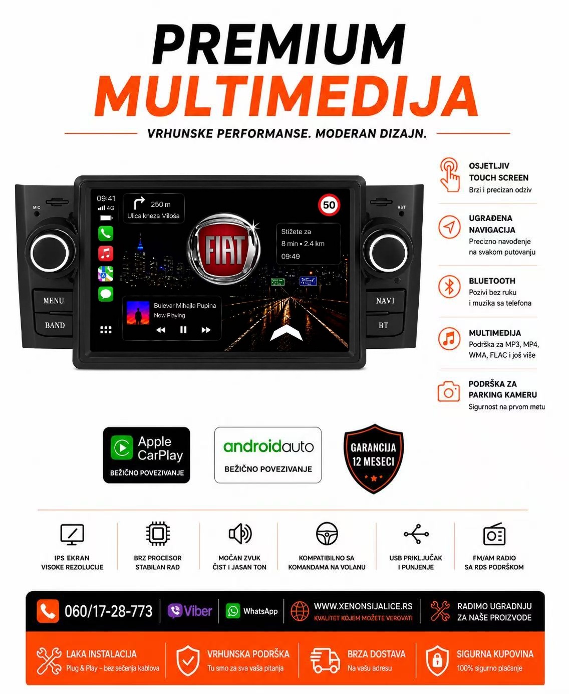 FIAT GRANDE PUNTO MULTIMEDIJA ANDROID,CAR PLAY NAVIGACIJA TOUCH SCREEN 7 INCA