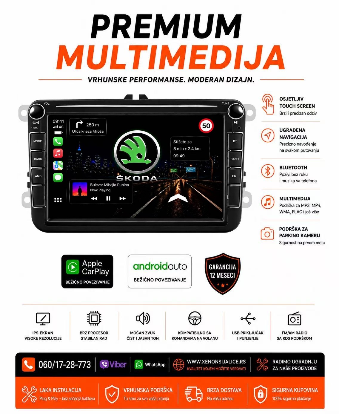 SKODA MULTIMEDIJA ANDROID,CAR PLAY NAVIGACIJA TOUCH SCREEN 8 INCA