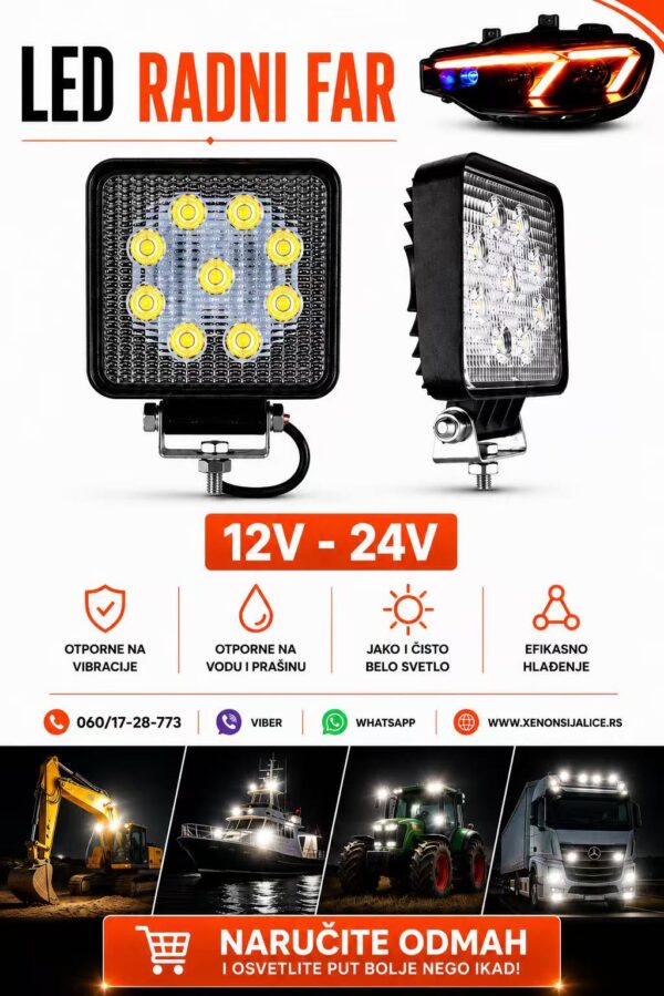 LED FAR 10CM X 10CM 27W RADNI FAR WORKING LIGHT RADNO SVETLO SLIM