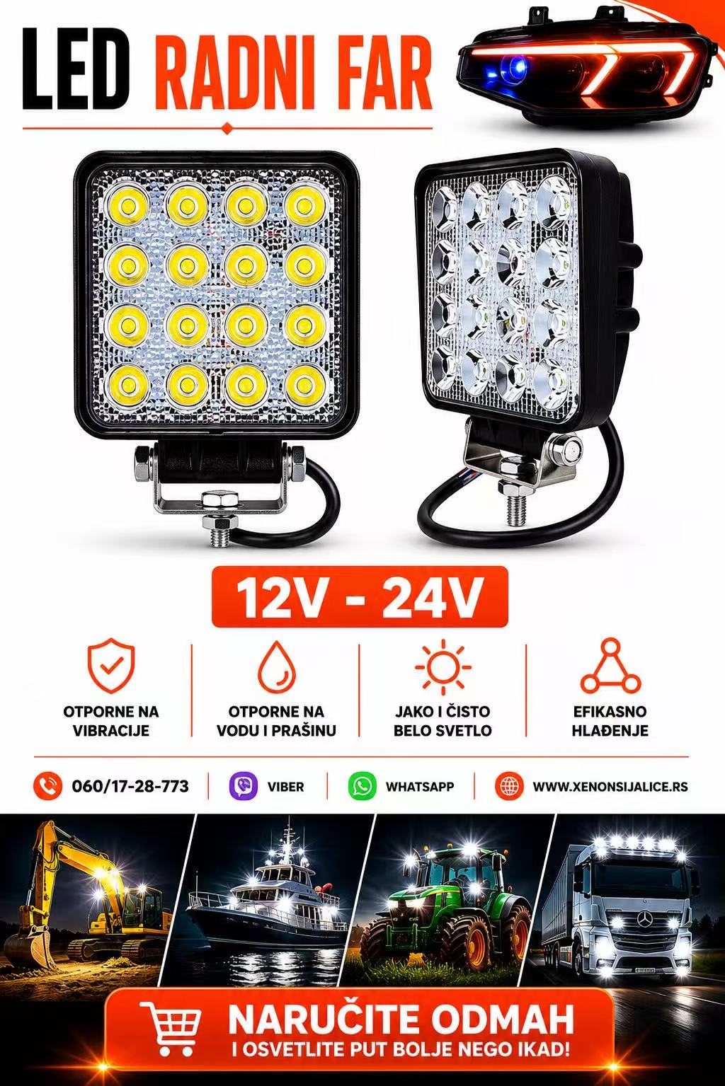 LED FAR 11CM X 11CM 48W RADNI FAR WORKING LIGHT RADNO SVETLO SLIM