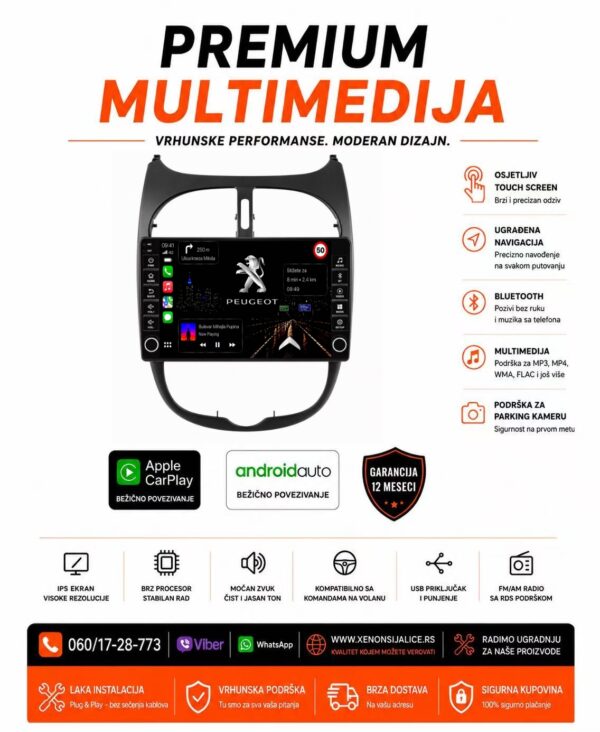 PEUGEOT 206 MULTIMEDIJA ANDROID,CAR PLAY NAVIGACIJA TOUCH SCREEN 10 INCA