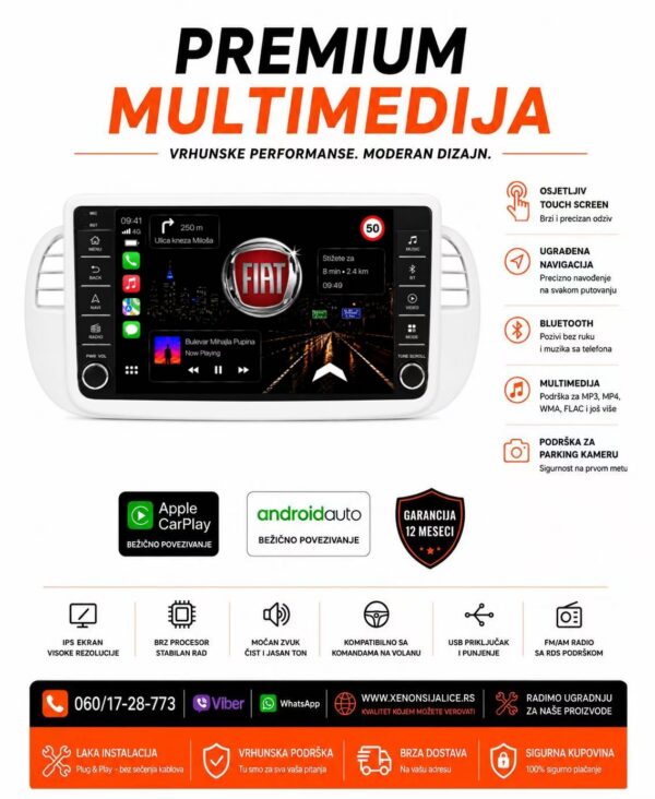 FIAT 500 MULTIMEDIJA ANDROID,CAR PLAY NAVIGACIJA TOUCH SCREEN 10 INCA