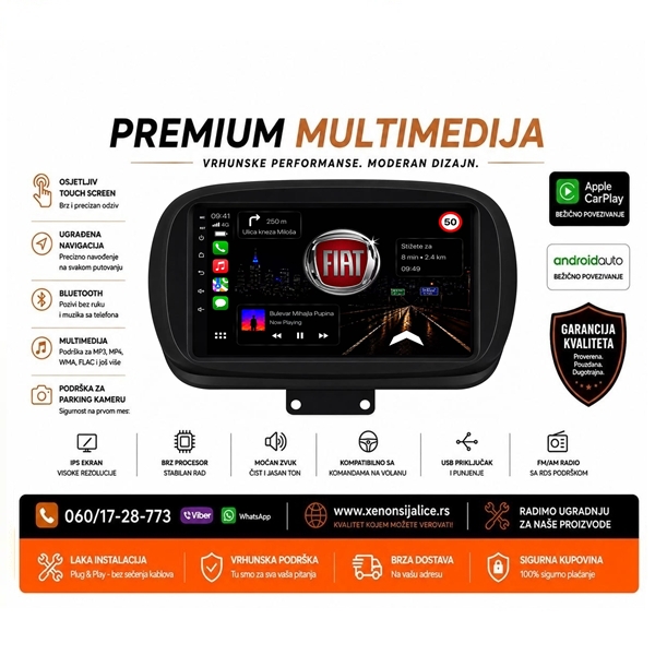 FIAT 500X MULTIMEDIJA ANDROID,CAR PLAY NAVIGACIJA TOUCH SCREEN 10 INCA