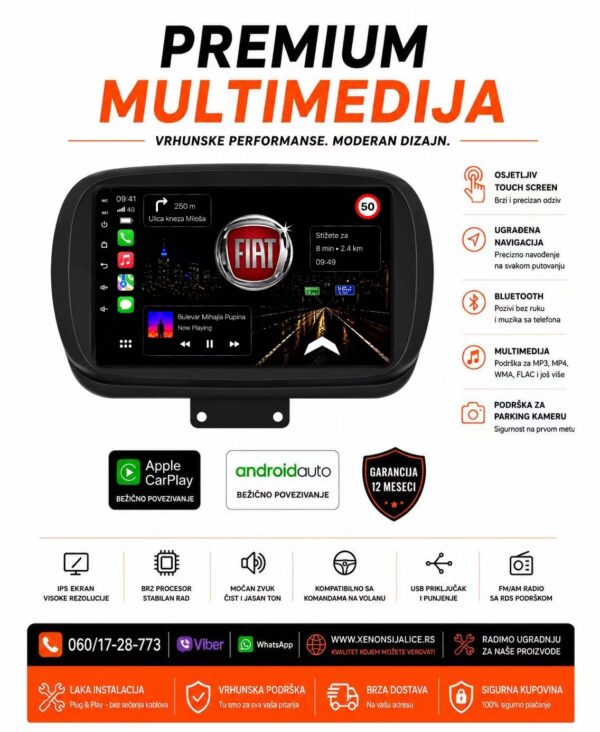 FIAT 500X MULTIMEDIJA ANDROID,CAR PLAY NAVIGACIJA TOUCH SCREEN 10 INCA
