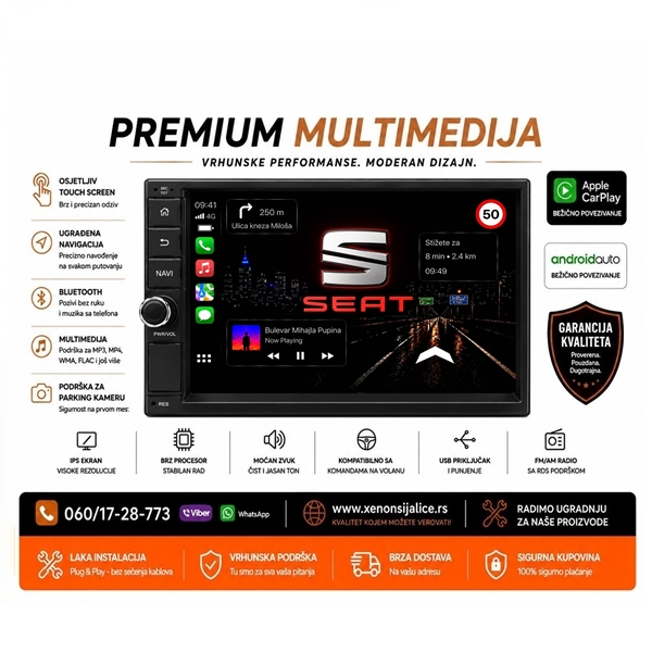 SEAT MULTIMEDIJA ANDROID,CAR PLAY NAVIGACIJA TOUCH SCREEN 7 INCA