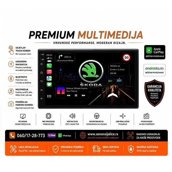 SKODA MULTIMEDIJA ANDROID,CAR PLAY NAVIGACIJA TOUCH SCREEN 7 INCA