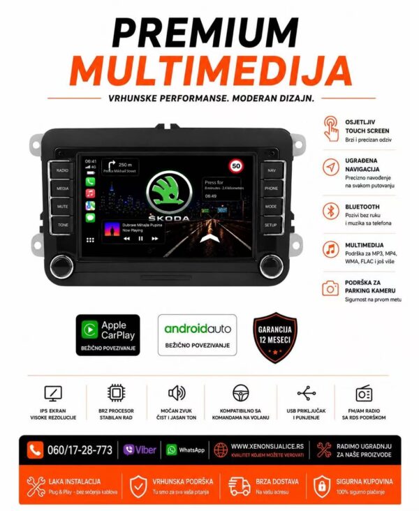 SKODA MULTIMEDIJA ANDROID,CAR PLAY NAVIGACIJA TOUCH SCREEN 7 INCA