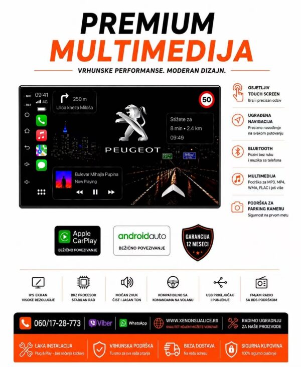 PEUGEOT 207,307,PARTNER MULTIMEDIJA ANDROID,CAR PLAY NAVIGACIJA TOUCH SCREEN 7 INCA