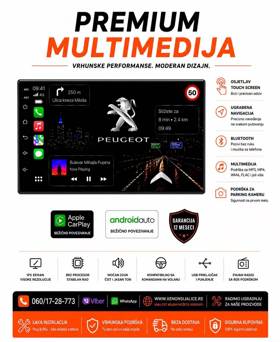 PEUGEOT 207,307,PARTNER MULTIMEDIJA ANDROID,CAR PLAY NAVIGACIJA TOUCH SCREEN 7 INCA
