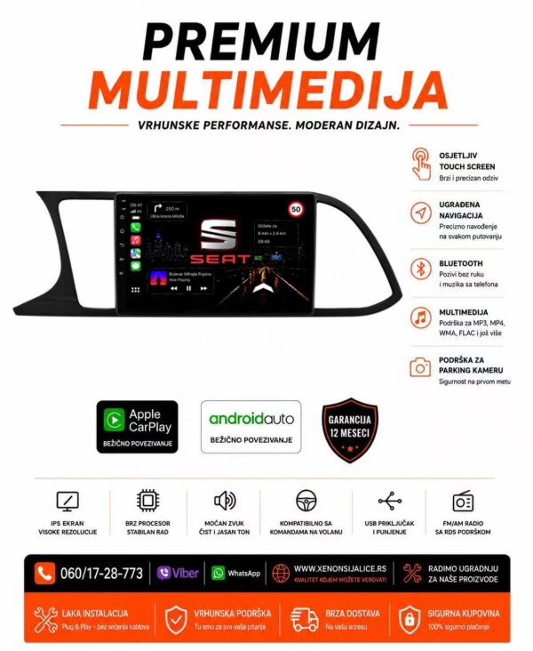 SEAT LEON NOVI TIP MULTIMEDIJA ANDROID,CAR PLAY NAVIGACIJA TOUCH SCREEN 10 INCA
