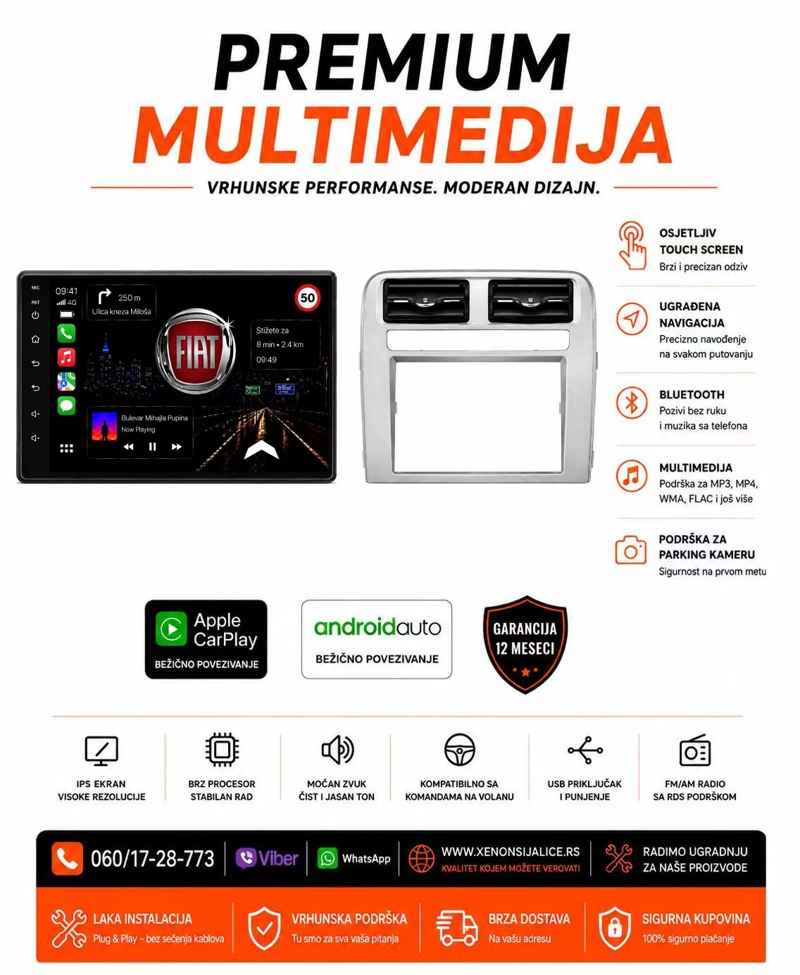 FIAT GRANDE PUNTO MULTIMEDIJA ANDROID,CAR PLAY NAVIGACIJA TOUCH SCREEN 7 INCA