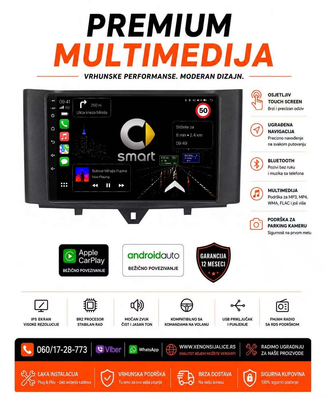 SMART MULTIMEDIJA ANDROID,CAR PLAY NAVIGACIJA TOUCH SCREEN 10 INCA