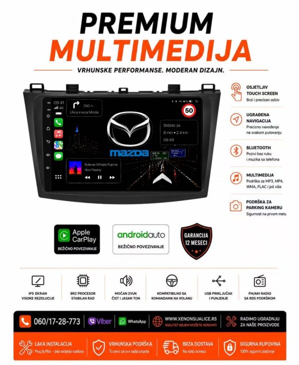 MAZDA 3 NOVI TIP MULTIMEDIJA ANDROID,CAR PLAY NAVIGACIJA TOUCH SCREEN 10 INCA