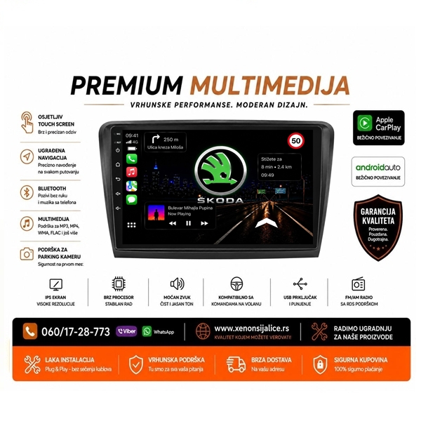 SKODA RAPID MULTIMEDIJA ANDROID,CAR PLAY NAVIGACIJA TOUCH SCREEN 10 INCA