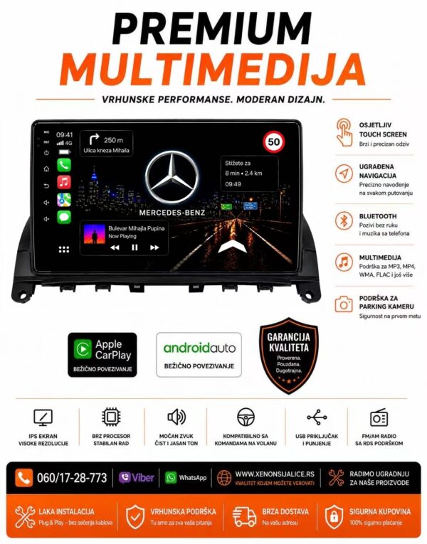 MERCEDES C KLASA W204 MULTIMEDIJA ANDROID,CAR PLAY NAVIGACIJA TOUCH SCREEN 10 INCA