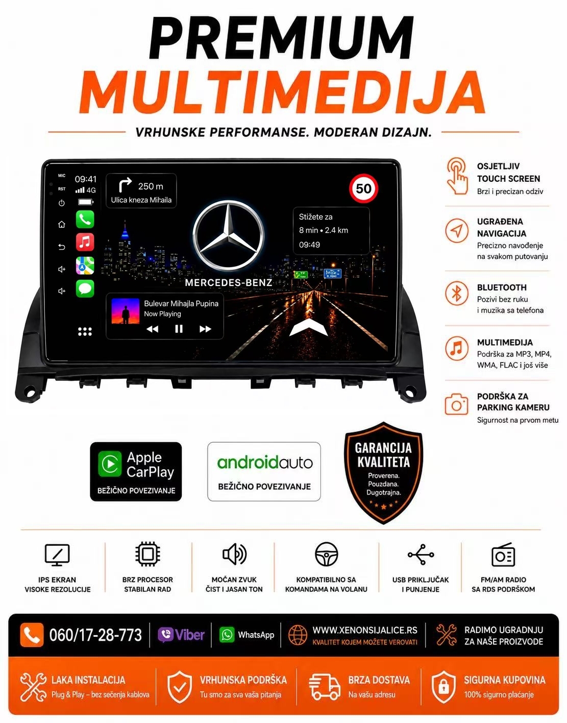 MERCEDES C KLASA W204 MULTIMEDIJA ANDROID,CAR PLAY NAVIGACIJA TOUCH SCREEN 10 INCA