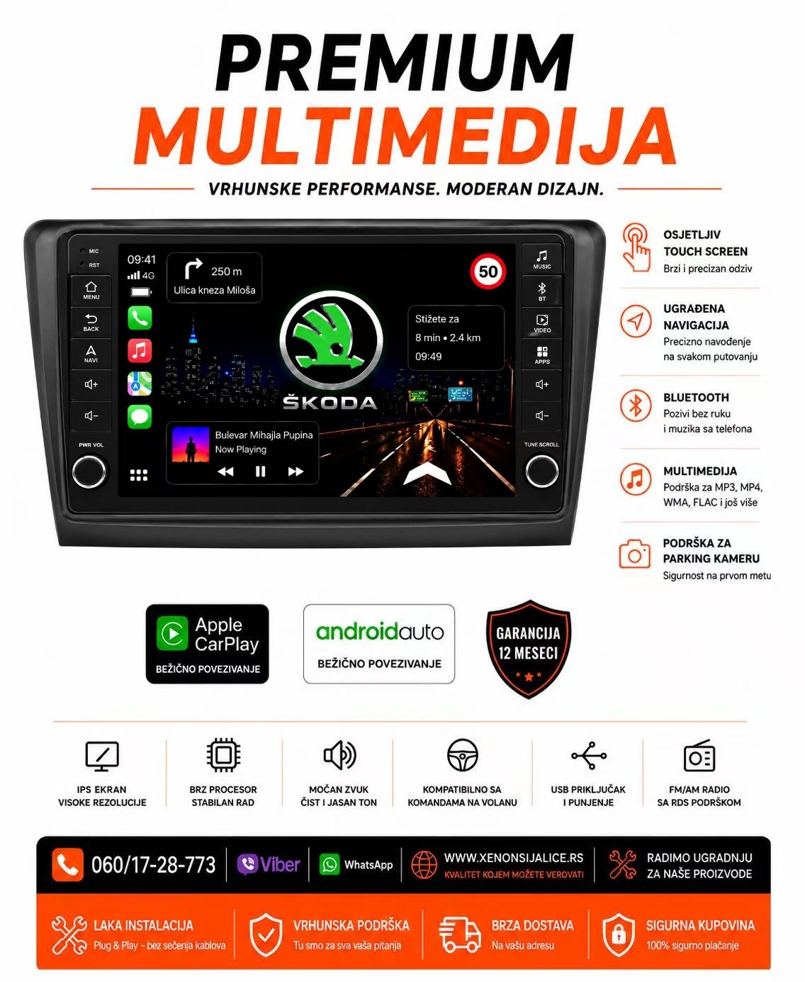 SKODA RAPID MULTIMEDIJA ANDROID,CAR PLAY NAVIGACIJA TOUCH SCREEN 10 INCA