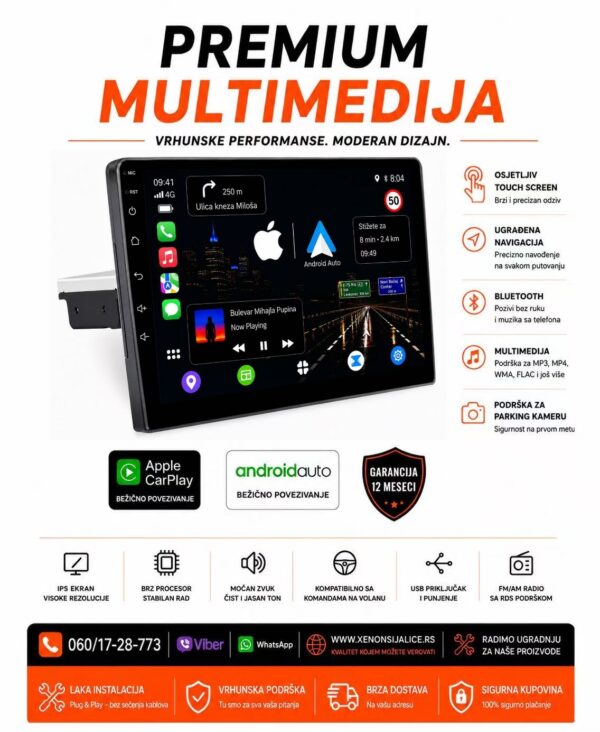 UNIVERZALNA 1 DIN MULTIMEDIJA ANDROID,CAR PLAY NAVIGACIJA TOUCH SCREEN 9 INCA