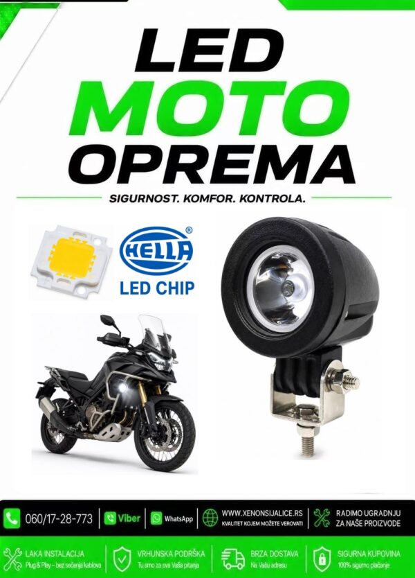 UNIVERZALNI LED FAR ZA MOTORE SA NOSACEM 10W LED MOTO FAR