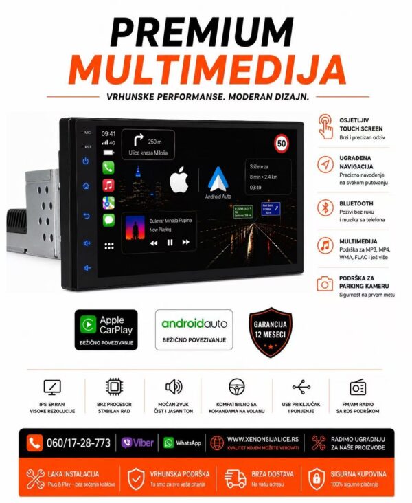 UNIVERZALNA 1 DIN MULTIMEDIJA ANDROID,CAR PLAY NAVIGACIJA TOUCH SCREEN 7 INCA