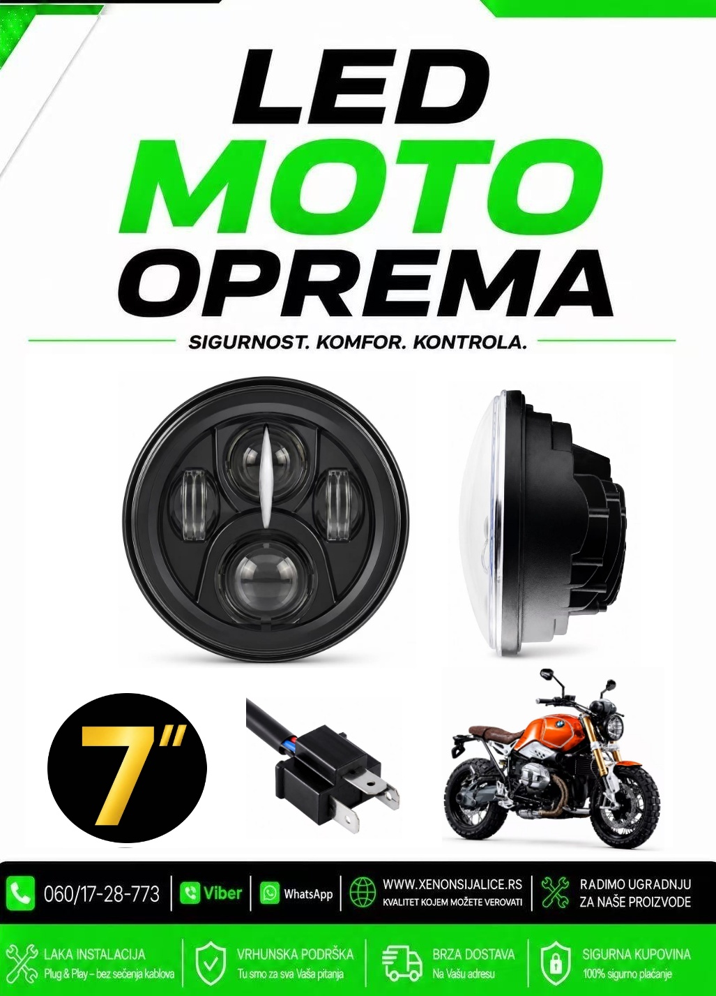 UNIVERZALNI LED FAR ZA MOTORE 7 INCA 18CM 50W LED MOTO FAR