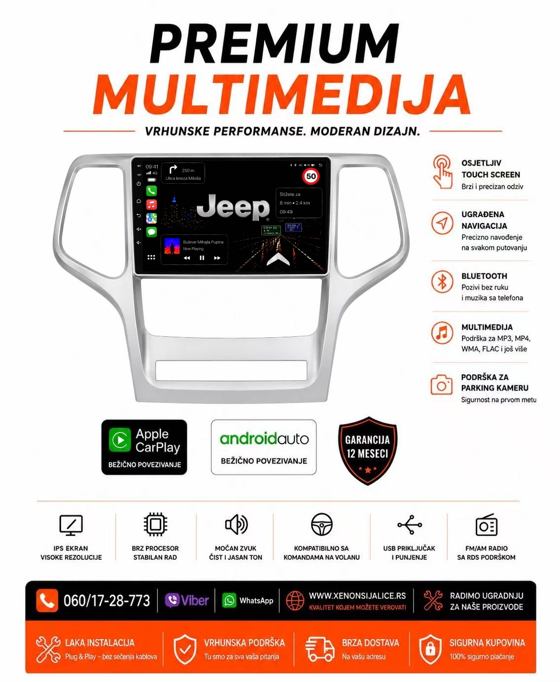 JEEP MULTIMEDIJA ANDROID,CAR PLAY NAVIGACIJA TOUCH SCREEN 10 INCA