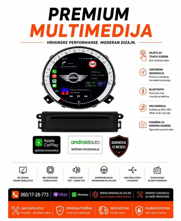 MINI MORIS MULTIMEDIJA ANDROID,CAR PLAY NAVIGACIJA TOUCH SCREEN 8 INCA
