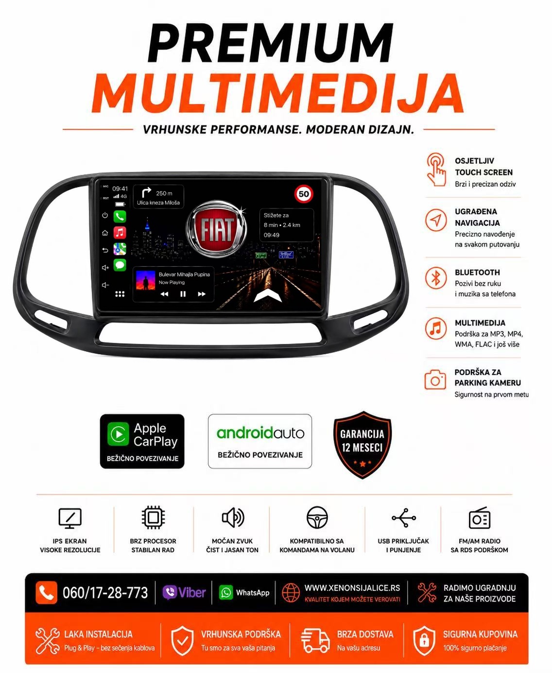 FIAT DOBLO MULTIMEDIJA ANDROID,CAR PLAY NAVIGACIJA TOUCH SCREEN 10 INCA