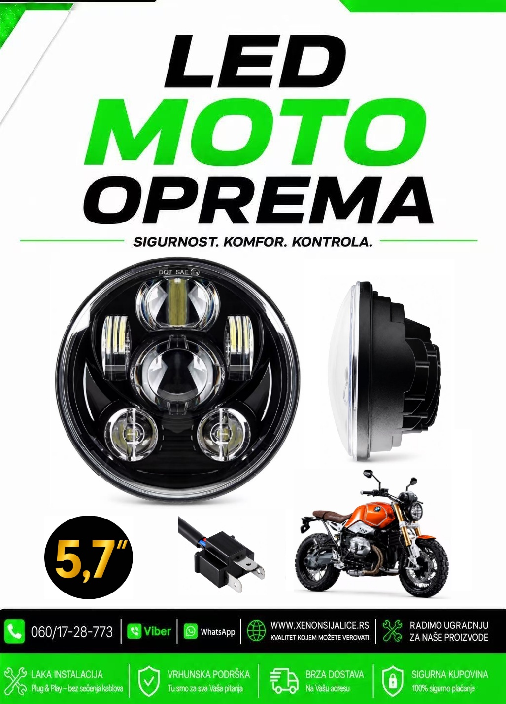 UNIVERZALNI LED FAR ZA MOTORE 5,7 INCA 15CM 50W LED MOTO FAR
