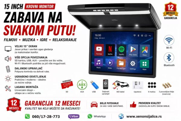 KROVNI MONITOR LED USB SD 15 INCA UNIVERZALNI ANDROID
