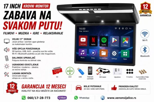 KROVNI MONITOR LED USB SD 17 INCA UNIVERZALNI ANDROID