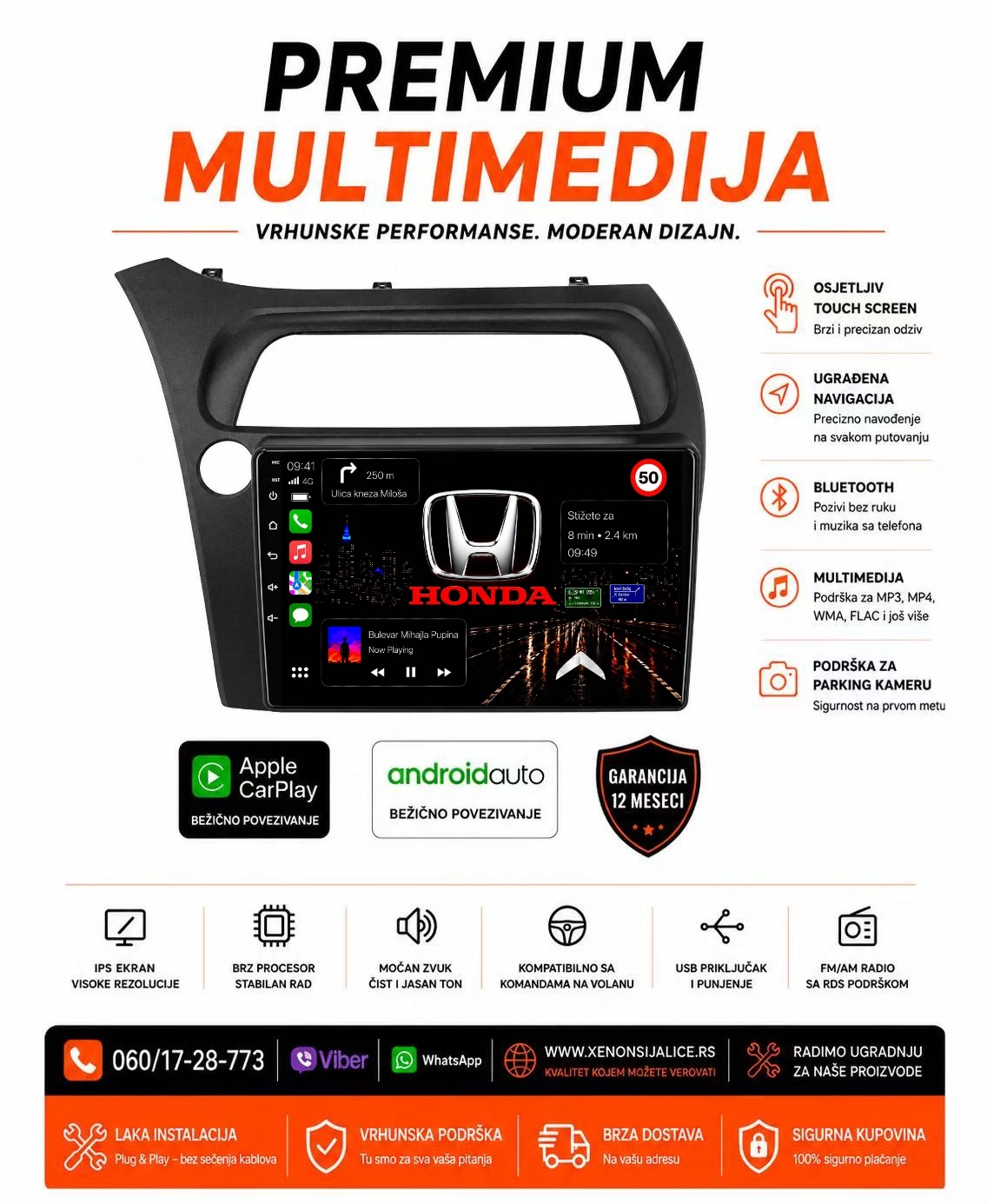 HONDA CIVIC MULTIMEDIJA ANDROID,CAR PLAY NAVIGACIJA TOUCH SCREEN 10 INCA