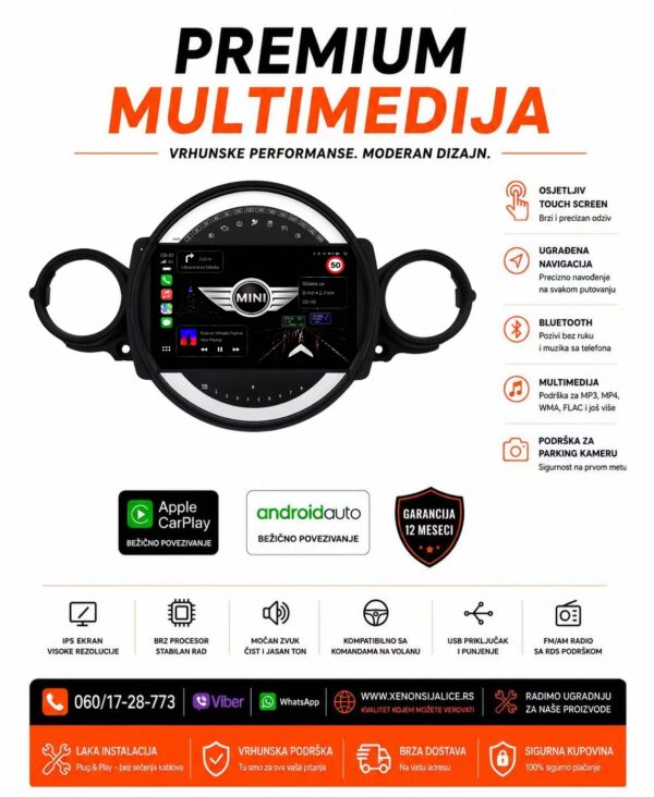 MINI MORIS MULTIMEDIJA ANDROID,CAR PLAY NAVIGACIJA TOUCH SCREEN 8 INCA
