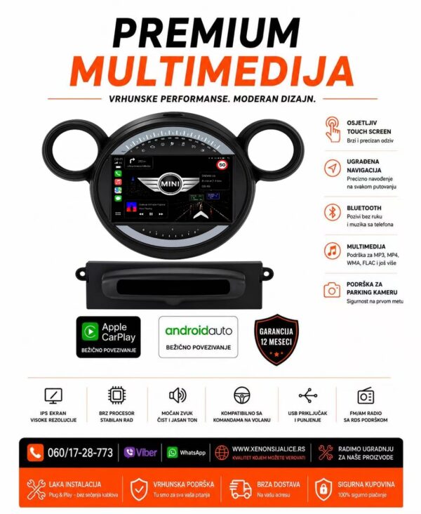 MINI MORIS MULTIMEDIJA ANDROID,CAR PLAY NAVIGACIJA TOUCH SCREEN 8 INCA