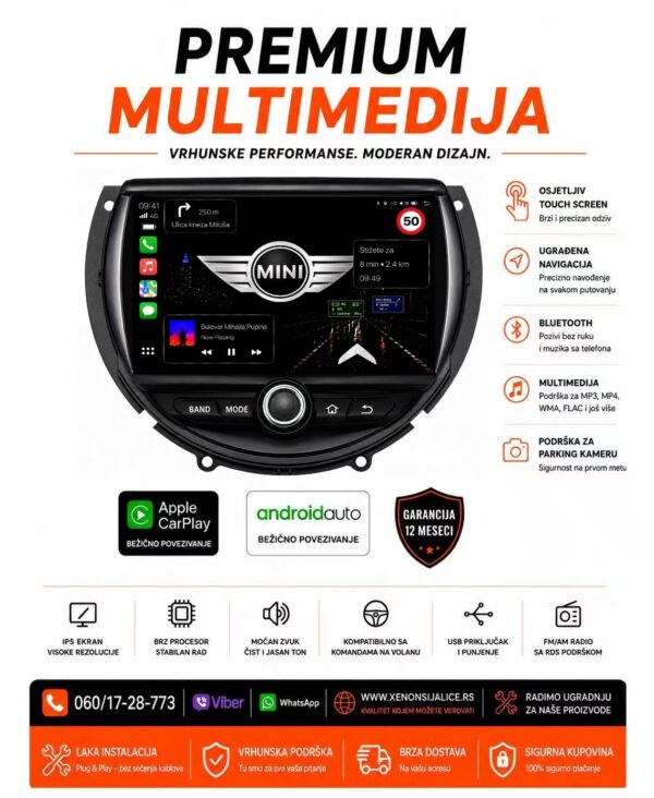 MINI MORIS MULTIMEDIJA ANDROID,CAR PLAY NAVIGACIJA TOUCH SCREEN 8 INCA