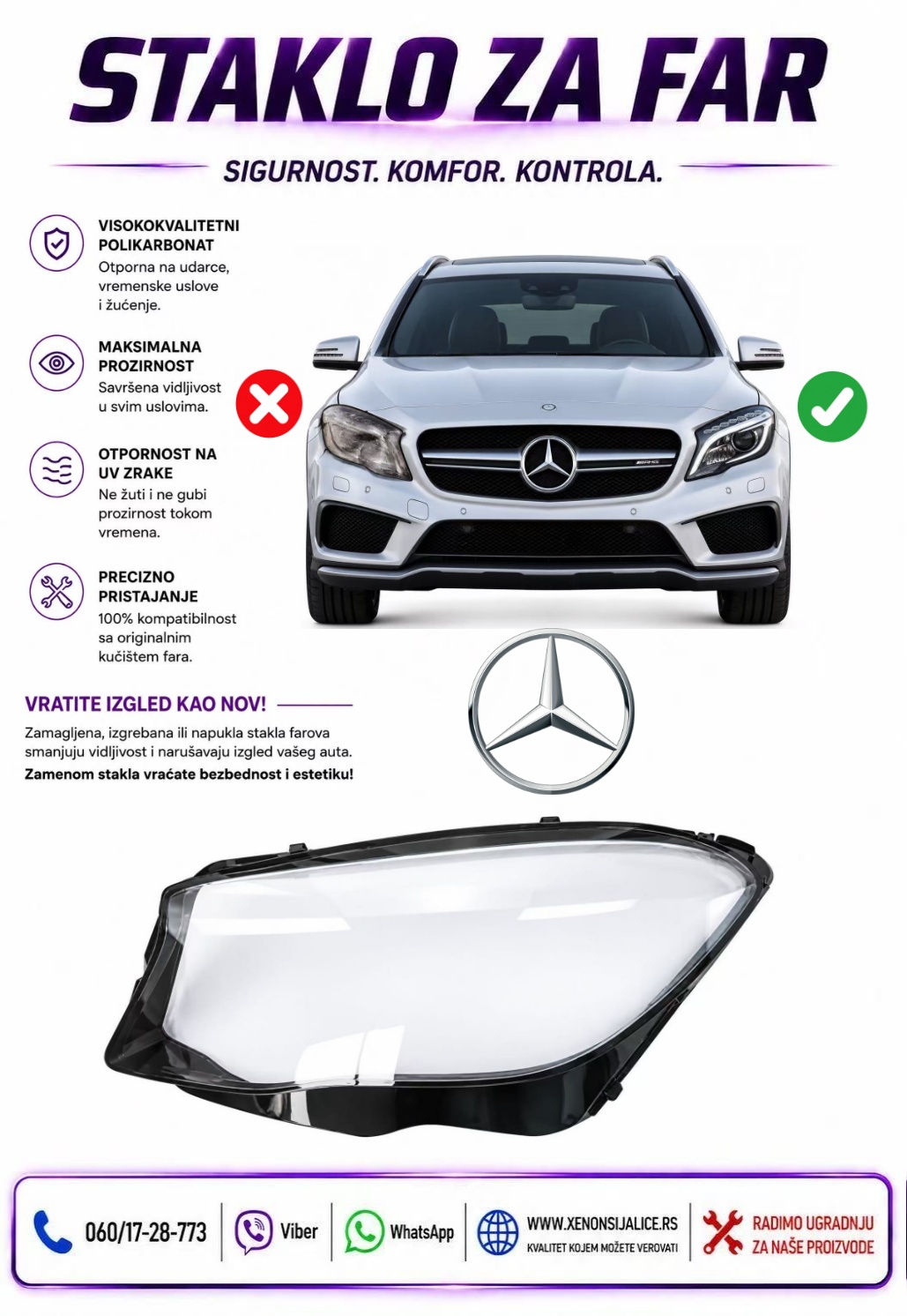 STAKLO FARA MERCEDES GLA KLASA X156 13-17 STAKLO ZA FAR